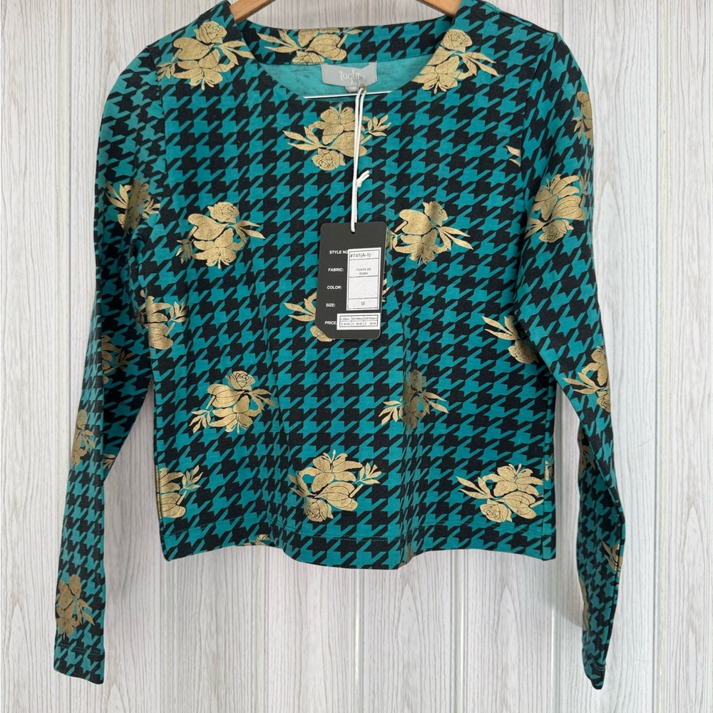 Zara Teal and Gold Houndstooth Blouse